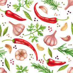 Watercolor vegetables seamless pattern with garlic, hot chili peppers and herbs - 292274004