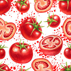 Watercolor vegetables seamless pattern with tomatoes and splashes