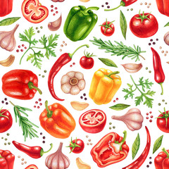 Watercolor vegetables seamless pattern with garlic, tomatoes, herbs, chili and bell peppers - 292274045