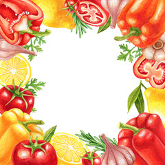 Watercolor vegetables background with herbs, fruits and vegetables