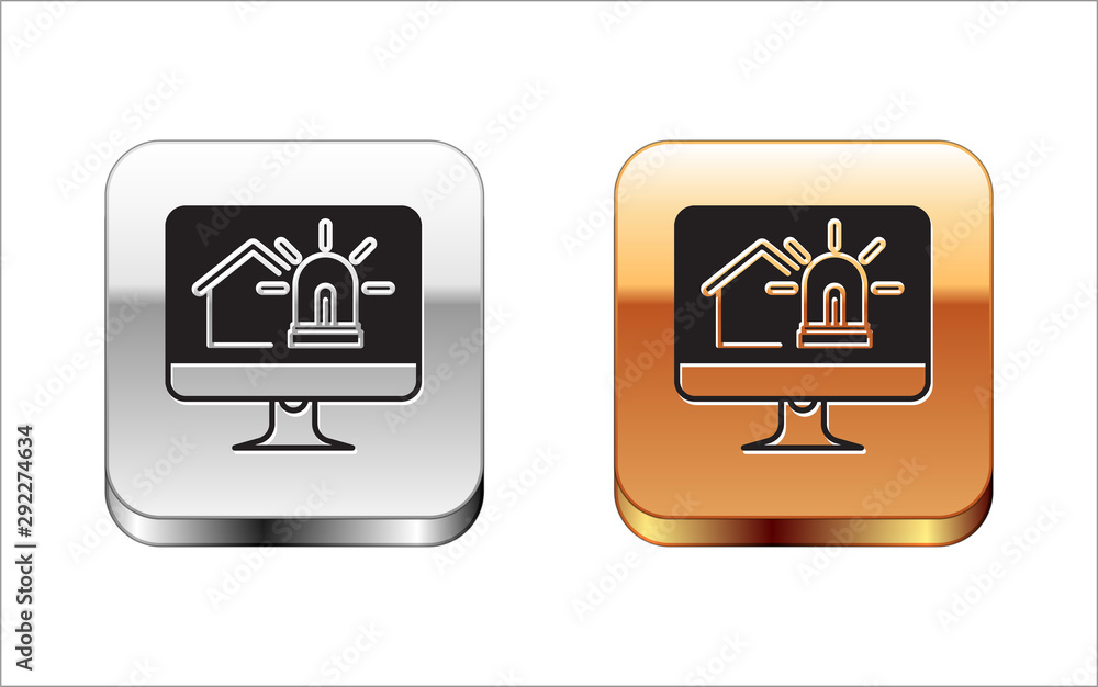 Poster black computer monitor with smart house and alarm icon isolated on white background. security system
