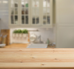 abstract blur inside interior contemporary kitchen loft decoration style with wood plank perspective background for show promote content ,product on disply