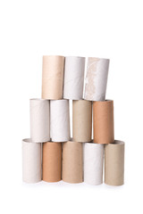 Empty Toilet Rolls Stack Up On a white Background