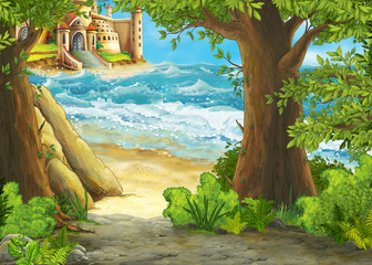 cartoon scene of beautiful castle by the beach and ocean or sea - illustration for children