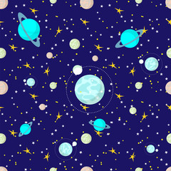 Dark starry sky seamless pattern with planets, comets, constellations and stars