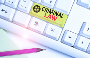 Text sign showing Criminal Law. Business photo text legal system which relates to punishing those commits crime White pc keyboard with empty note paper above white background key copy space