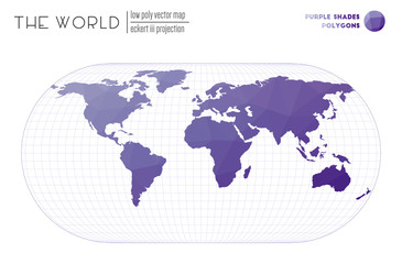 World map with vibrant triangles. Eckert III projection of the world. Purple shades colored polygons. Neat vector illustration.