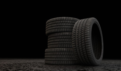 Obraz premium 3D car tires stand in the dark