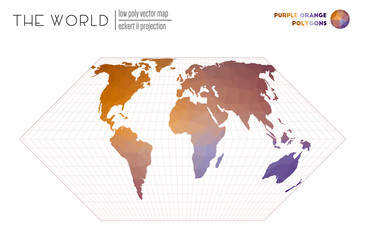 Triangular mesh of the world. Eckert II projection of the world. Purple Orange colored polygons. Amazing vector illustration.