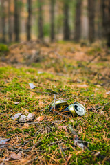 Garbage in the forest, metal beer can bottle lying on the forest undergrowth.