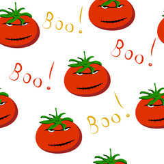  Seamless pattern: evil tomato and the inscription boo on a white background. Flat vector. Illustration