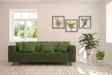 Stylish room in white color with sofa and summer landscape in window. Scandinavian interior design. 3D illustration