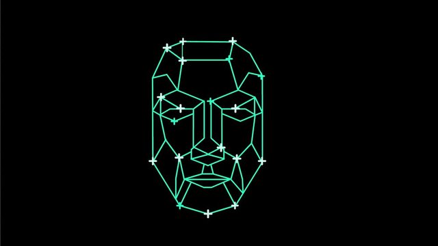2d Animation motion graphic low polygon mesh or wireframe of a face of an artificial intelligence or AI viewed from front blinking or flashing on black screen in HD high definition.