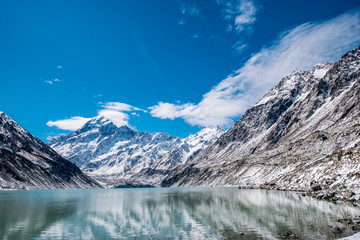 Beautiful view of Mount Cook and the reflection on the hooker lake after a snowy day.