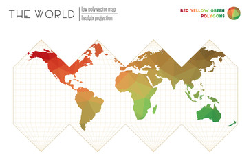 Vector map of the world. HEALPix projection of the world. Red Yellow Green colored polygons. Awesome vector illustration.