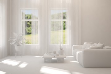 Obraz na płótnie Canvas Mock up of stylish room in white color with sofa and green landscape in window. Scandinavian interior design. 3D illustration