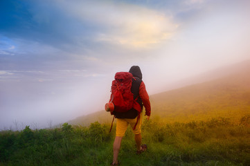 traveller trekking, walks alone onto the mountain, walking along to the top destination © ID_Anuphon