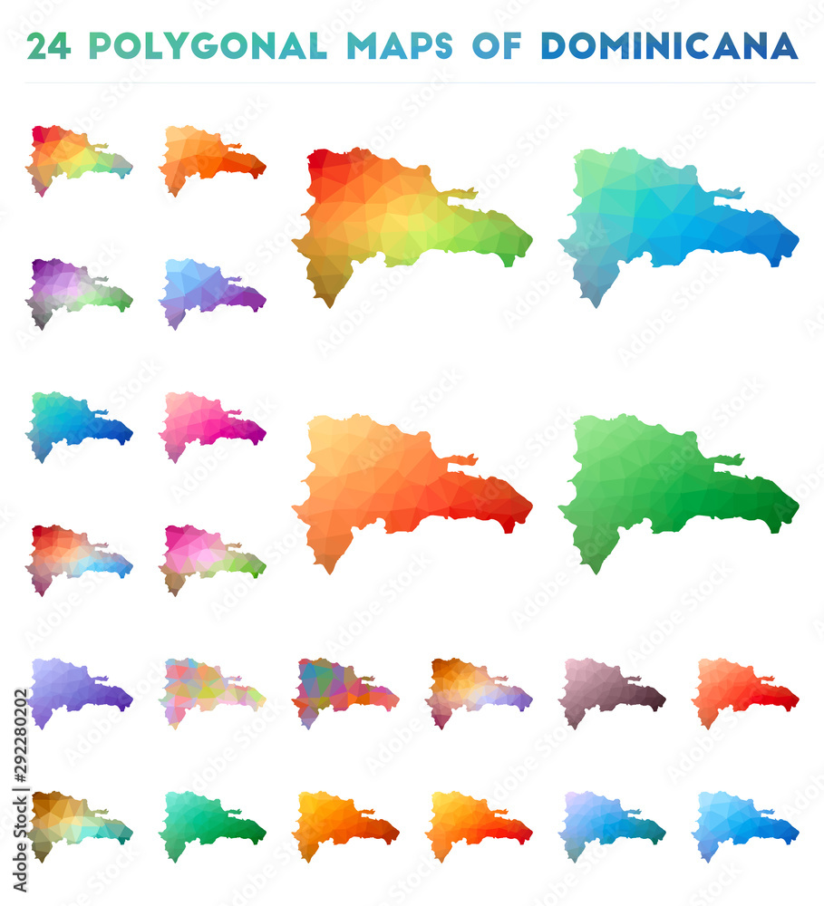 Poster set of vector polygonal maps of the dominican republic. bright gradient map of the country in low po