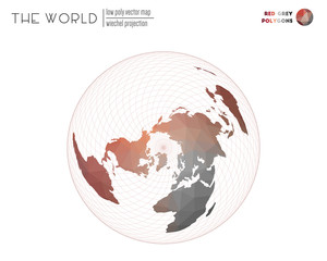 Low poly design of the world. Wiechel projection of the world. Red Grey colored polygons. Contemporary vector illustration.