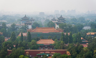 Beijing top view. Fog over the city in summer.