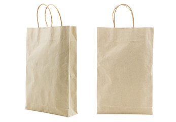 front and side view of brown paper handle bag isolated on white background