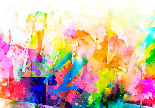 abstract multicolored splashes with geometrical figures and pattern, digital illustration