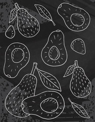 Sweet juicy avocado. Summer exotic food. Beautiful hand drawn illustration of   fruits on chalkboard background