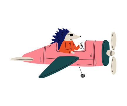 Hedgehog Pilot Flying on Retro Plane in the Sky, Cute Animal Character Piloting Airplane Vector Illustration