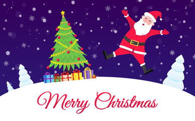 Santa Claus, christmas tree fir flat style design icon sign vector illustration postcard. Symbol of xmas holiday celebration isolated on dark snow background with pile of gifts.