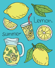 summer illustration of fresh lemonade with juicy lemons - 292281091