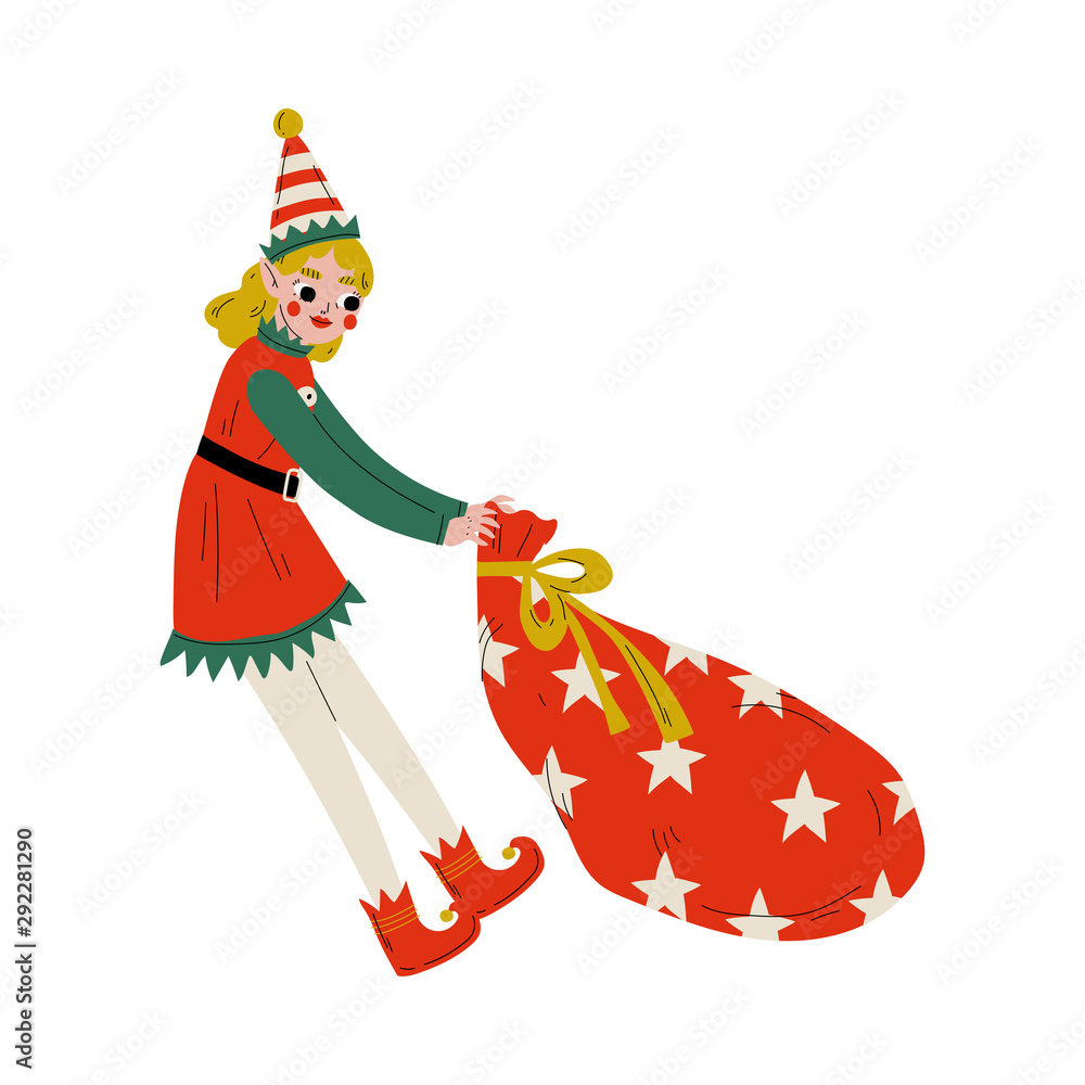 Wall mural christmas elf character pulling bag full of gifts, cute girl santa claus helper vector illustration