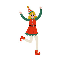 Cute Girl Christmas Elf Character, Santa Claus Helper Vector Illustration