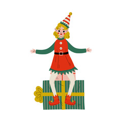 Christmas Elf Character Sitting on Gift Box, Cute Girl Santa Claus Helper Vector Illustration