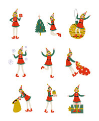 Christmas Elf Characters Set, Cute Girls Santa Claus Helpers with Gift Boxes Vector Illustration