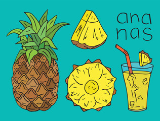 Sweet Pineapple juice. Summer exotic food. Beautiful hand drawn illustration of fruits