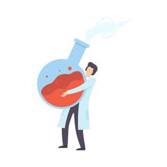 Male scientist carries a flask. Vector illustration.