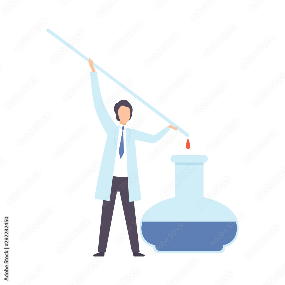 Poster Scientist drips from a glass stick into a flask. Vector illustration.