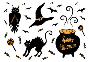 Spooky Halloween holiday decoration set: owl, black cat, cauldron with potion, witch hat, bats and sweets.
