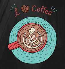 I love coffee. Beautiful illustration of cup of cappuccino coffee and beans - 292282657