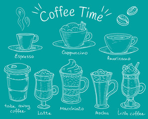 Coffee time. Beautiful illustration of types of coffee. Espresso, cappuccino,   americano, takeaway, latte, mocha, irish coffee - 292282695
