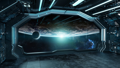 Fototapeta na wymiar Dark blue spaceship futuristic interior with window view on planet Earth 3d rendering