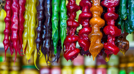 oriental sweet multi-colored churchkhela hanging in a row close-up in the oriental bazaar