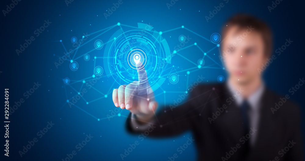 Poster Man touching hologram screen displaying keys and locks