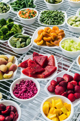 freeze-dried fruits and vegetables, greens and cheeses to prepare a variety of dishes. On the table by the chef or kitchen