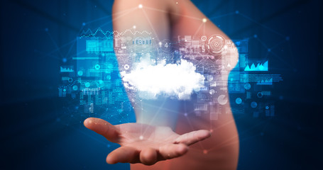 Person holding hologram screen displaying information from cloud based system