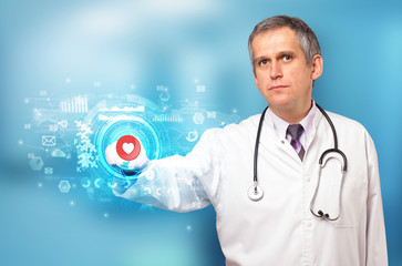 Doctor touching hologram screen displaying medical symbols and charts