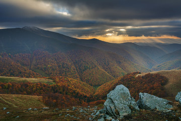 Fototapeta na wymiar Fantastic evening on the Borzhava mountain range in the Ukrainian Carpathians in the midst of the autumn season