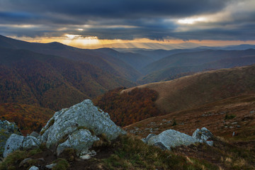 Fantastic evening on the Borzhava mountain range in the Ukrainian Carpathians in the midst of the autumn season