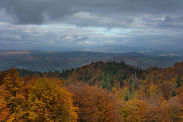Fantastic evening on the Borzhava mountain range in the Ukrainian Carpathians in the midst of the autumn season