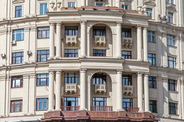 Moscow, Russia, August 27, 2019. Fragment of the facade of a typical building on Tverskaya Street
